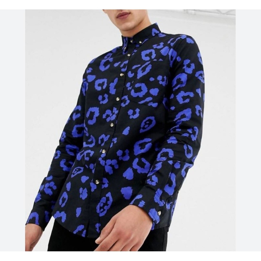 COLLUSION Men's Cotton Button-Up Shirt Black Blue Leopard Print Long Sleeve